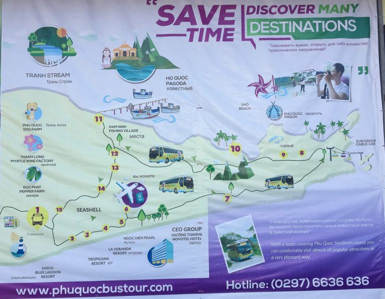 A bus map of Phu Quoc Island, including ferry terminal.