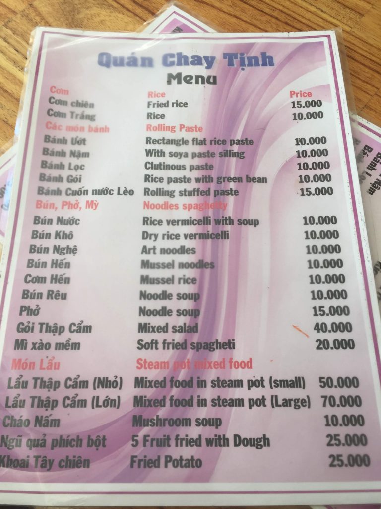 The menu in both Vietnamese and English. A great choice for a vegan in Vietnam, Hue!