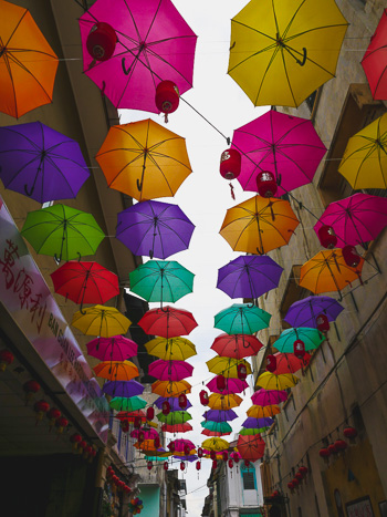 Colourful umbrellas in the city of Ipoh, Malaysia.